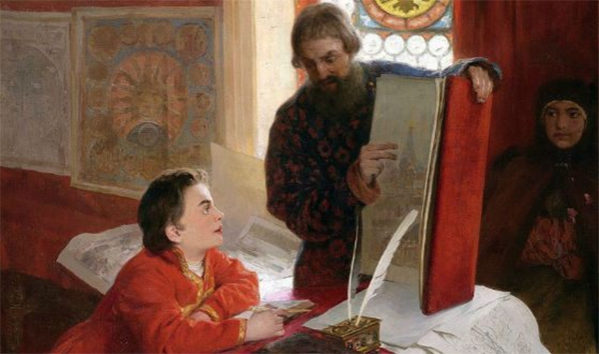 Дьяк Зотов обучает царевича Петра грамоте.