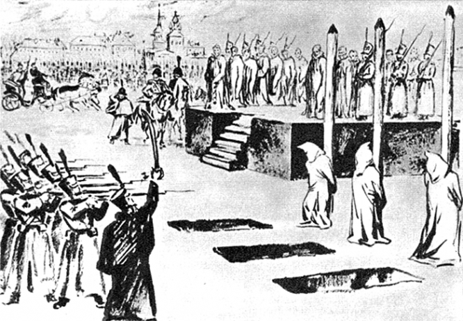 Инсценировка казни петрашевцев на Семеновском плацу 22 декабря 1849 года.