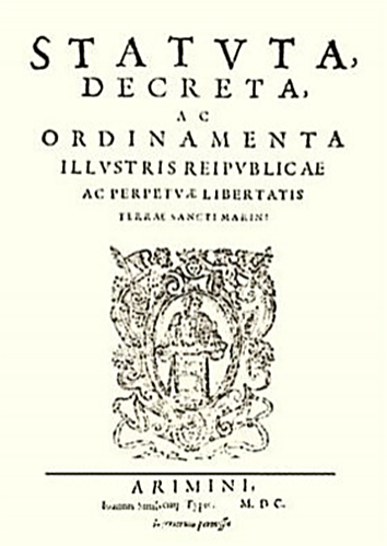 Титульный лист Конституции Сан-Марино, принятой Большим генеральным советом 8 октября 1600 года.