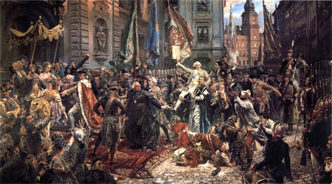 Король Станислав II Август (слева) входит в Собор Святого Иоанна Крестителя, где депутаты поклянутся защищать Конституцию. На заднем плане: Королевский замок, где только что была принята Конституция.