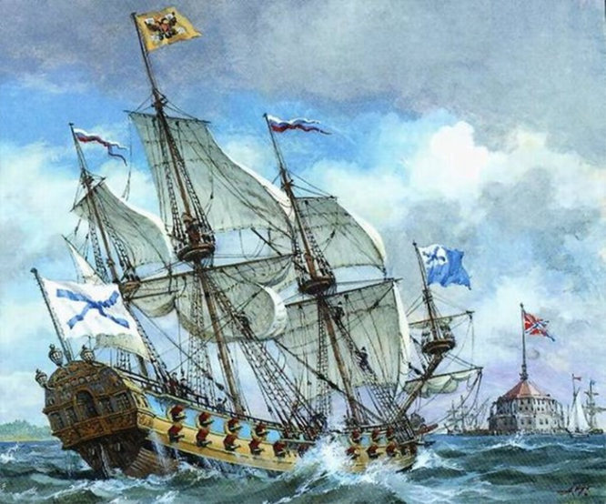 Линейный корабль петровского флота «Полтава» под Андреевским флагом.