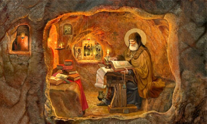 Преподобный Илья Муромец в пещерной келье в Киеве.