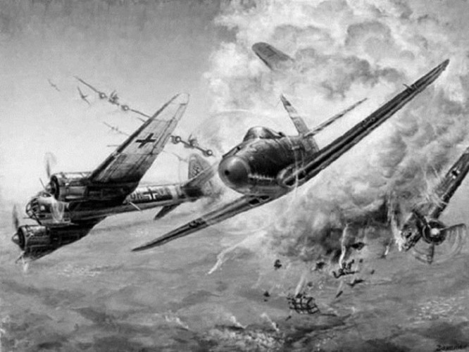 «Воздушный бой А. И. Покрышкина 21 сентября 1943 г. над Большим Токмаком». Картина летчика-покрышкинца Алексея Закалюка
