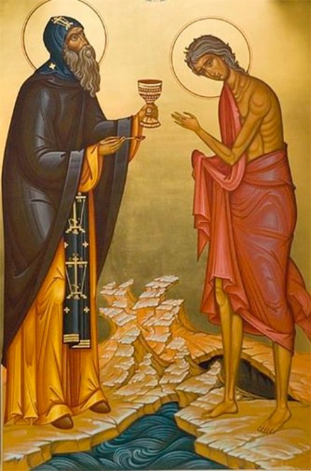 Cтарец Зосима причащает святую Мария Египетскую в пустыне