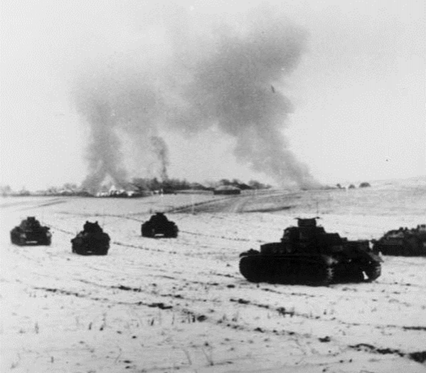 Немецкие танки атакуют советские позиции в районе Истры, 25 ноября 1941 г.
