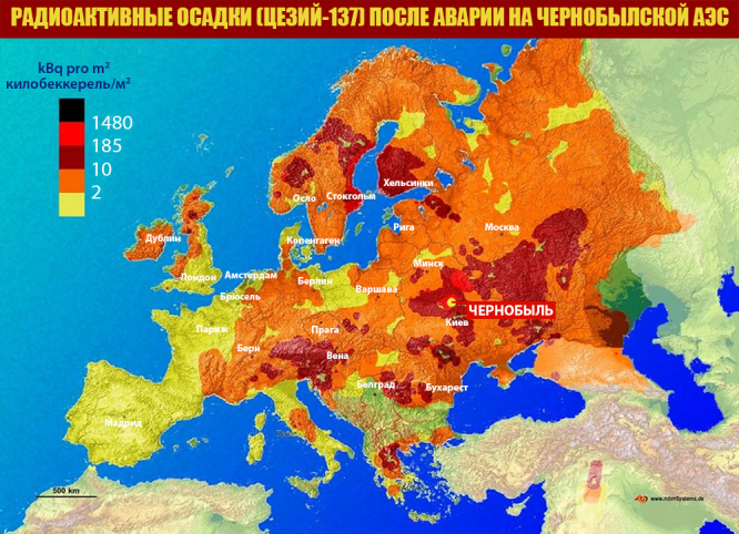 Карта радиоактивных осадков после аварии на Чернобыльской АЭС