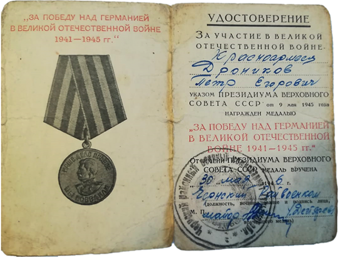 Удостоверение о награждении медалью «За Победу над Германией»