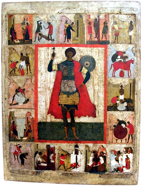 Житийная икона Святого Георгия. В клеймах изображены различные пытки, некоторых нет в стандартном списке – например, как его жгут в медном раскалённом докрасна быке
