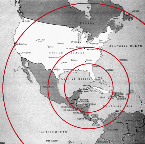 Радиус покрытия ракет, дислоцированных на Кубе: Р-14 – большой радиус Р-12 – средний радиус