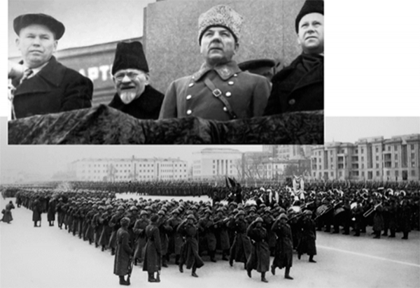 Военный парад в Куйбышеве 7 ноября 1941 года. На трибуне Н. Журавлев, М. Калинин и К. Ворошилов