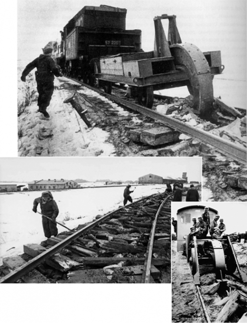 «Рельсовый волк» (Schienenwolf) использовался для уничтожения железнодорожных путей. / На фото: Schienenwolf разрушает советские железнодорожные пути при отступлении немцев зимой 1943 года